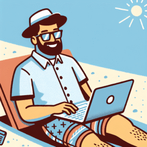 Piirretty kuva henkilöstä, joka makaa aurinkotuolissa kannettava tietokone sylissä.